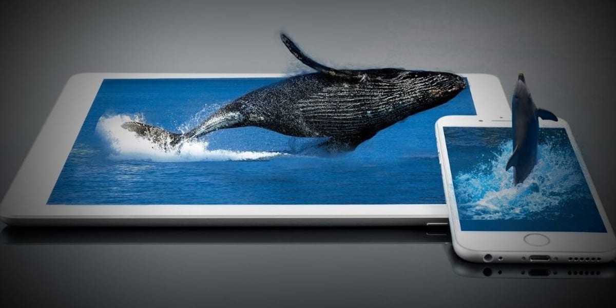 A whale and a dolphin leaping out of a tablet and a phone screen
